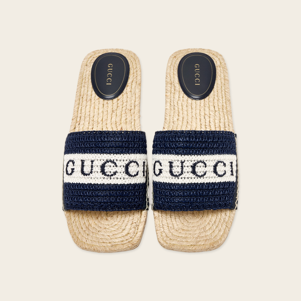 Gucci Numa Embroidered Striped Raffia Slides