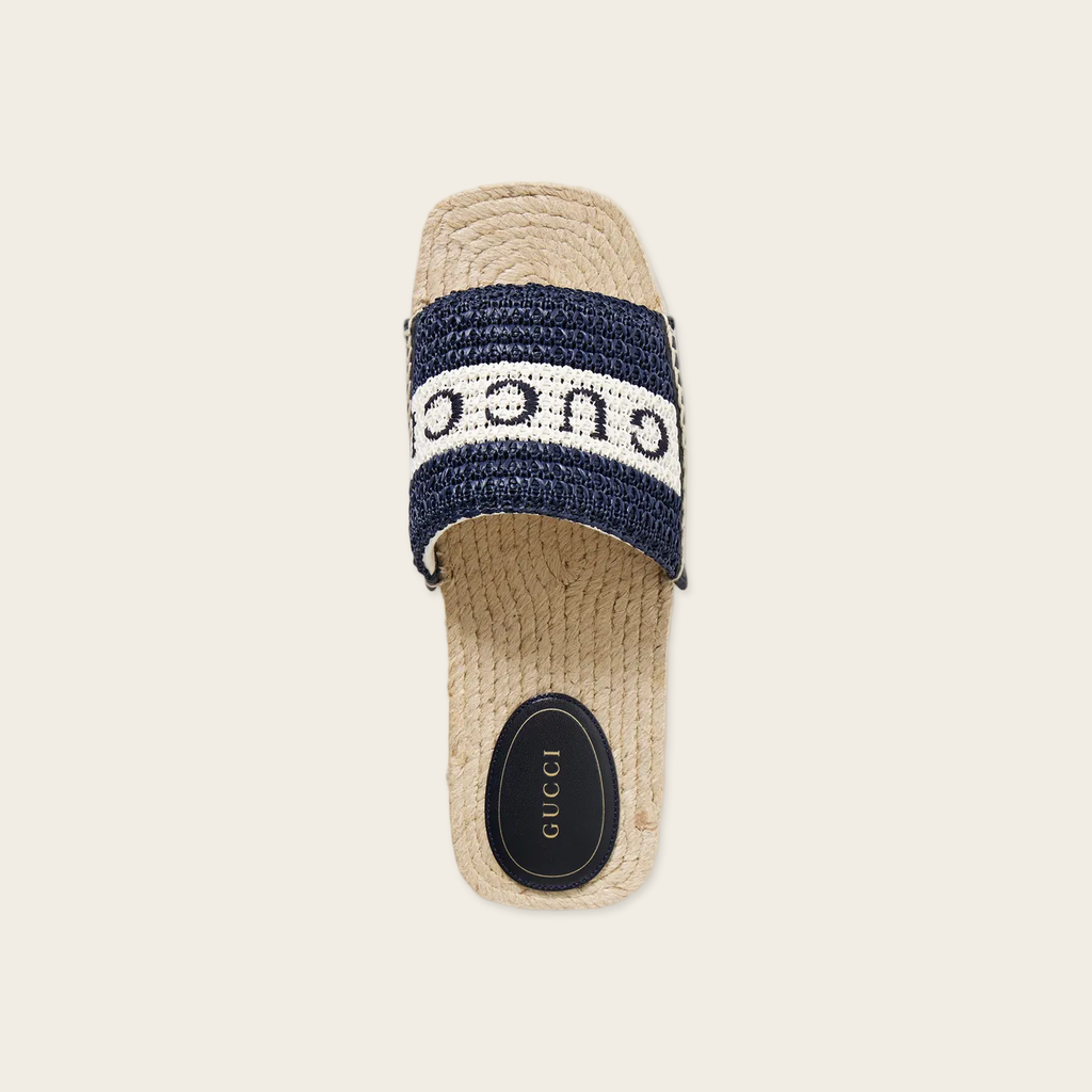 Gucci Numa Embroidered Striped Raffia Slides