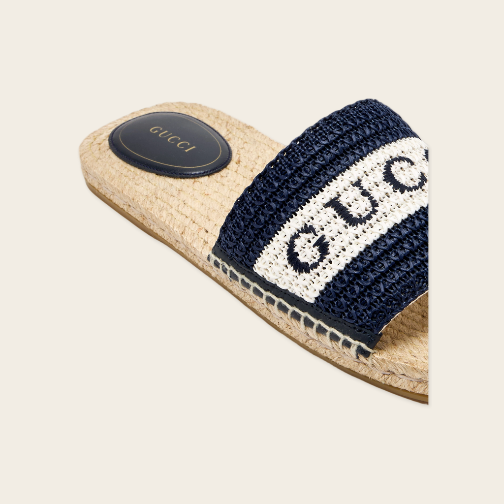 Gucci Numa Embroidered Striped Raffia Slides