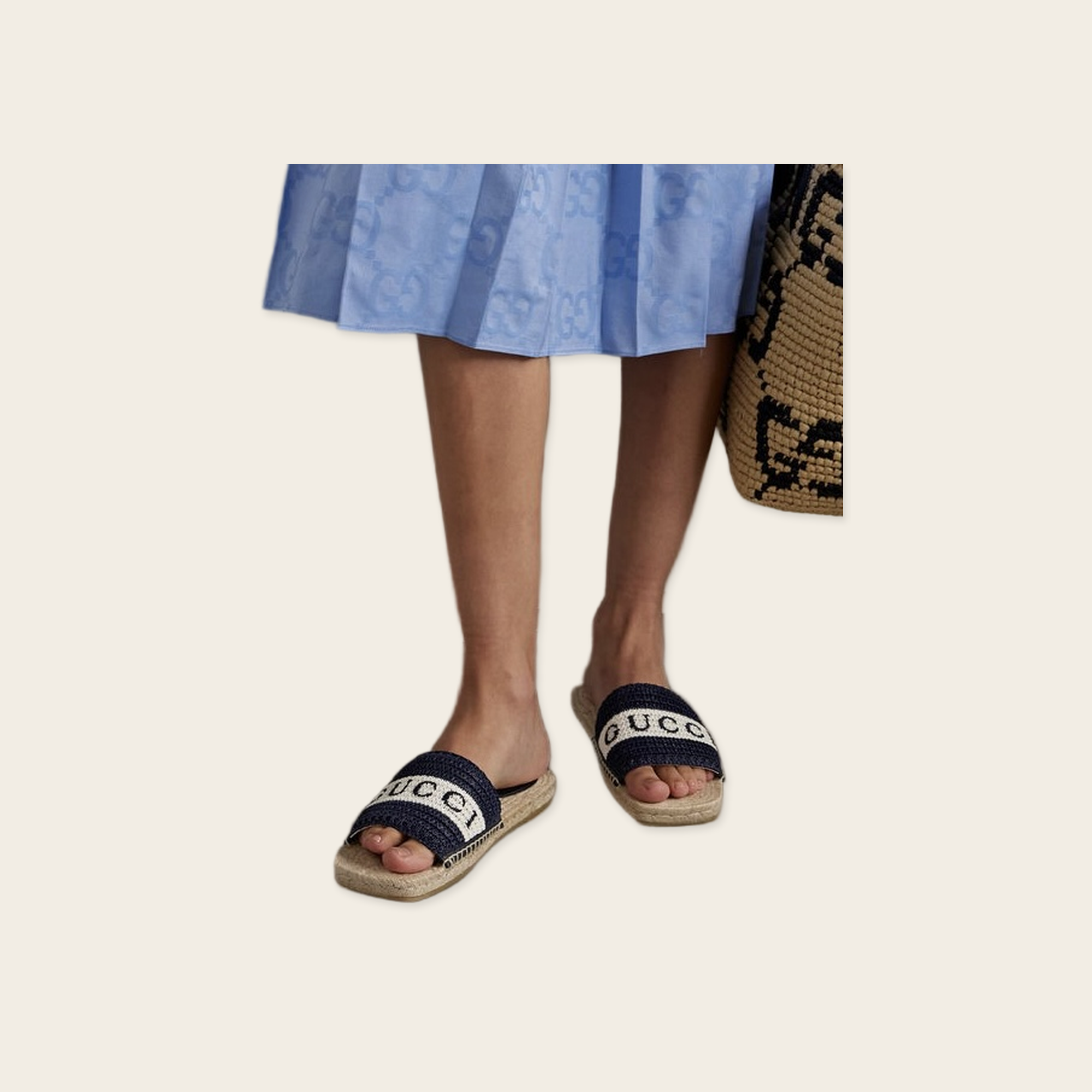 Gucci Numa Embroidered Striped Raffia Slides