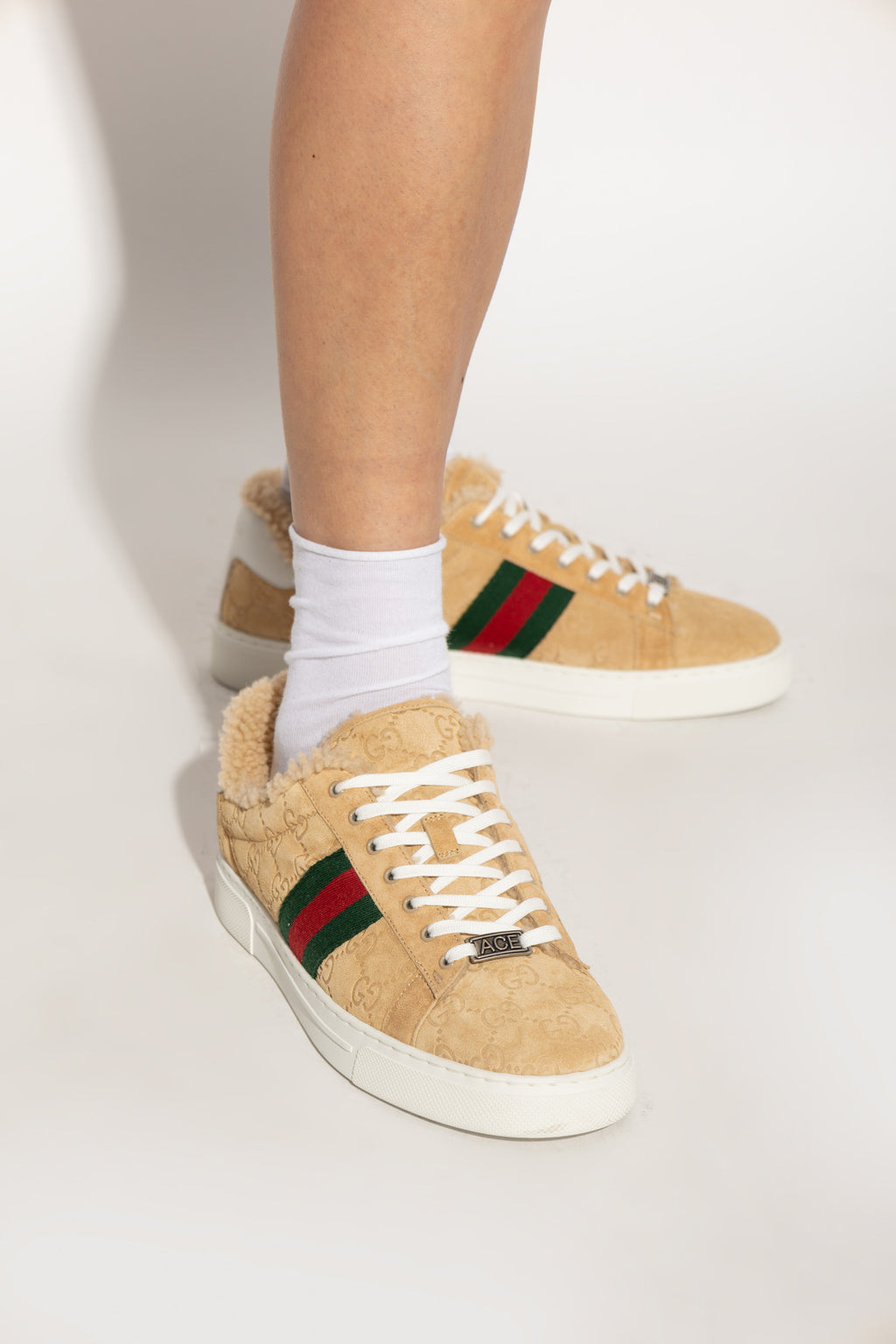Gucci Fur Ace Sneakers in Beige