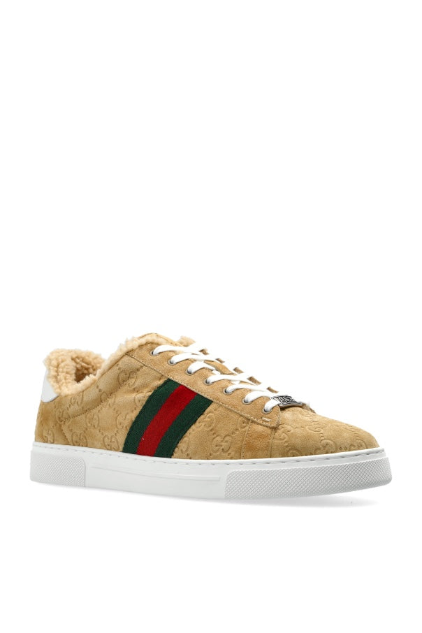 Gucci Fur Ace Sneakers in Beige